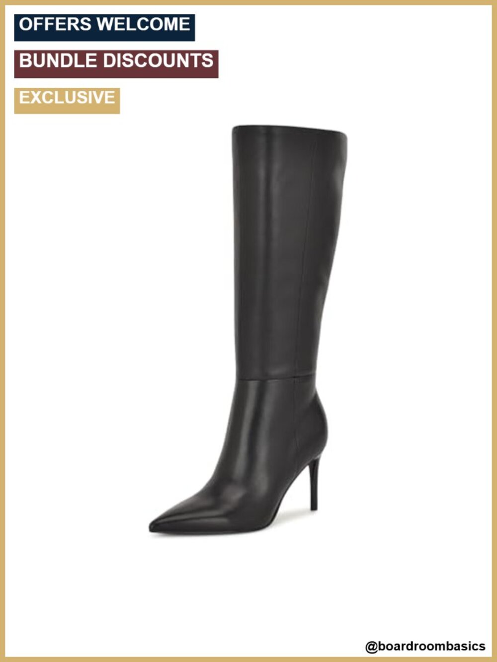 Wide Calf Leather Pointy Toe Stiletto Heel Dress Boots